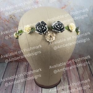 Adjustable Cream & Black Rose Headband w/ White Charm